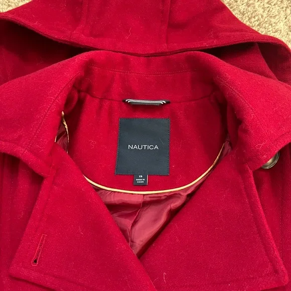 Nautica Women's Vibrant Red Hooded Pea Coat - Picture 2 of 11